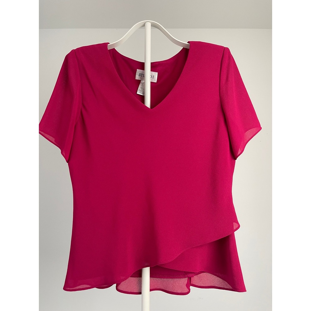 Studio I Magenta Pink V-Neck Layered Blouse with Shoulder Pads Size 14 60400